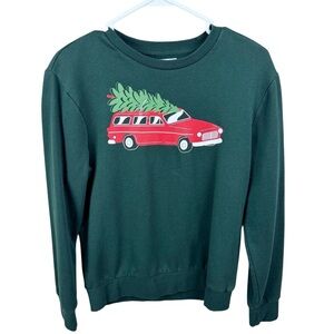 Old Navy Forest Canopy Holiday Humor Green Crewneck Sweater with Red Car Graphic